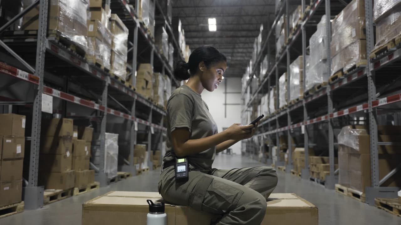 Warehouse worker learning about investing on her phone during a break